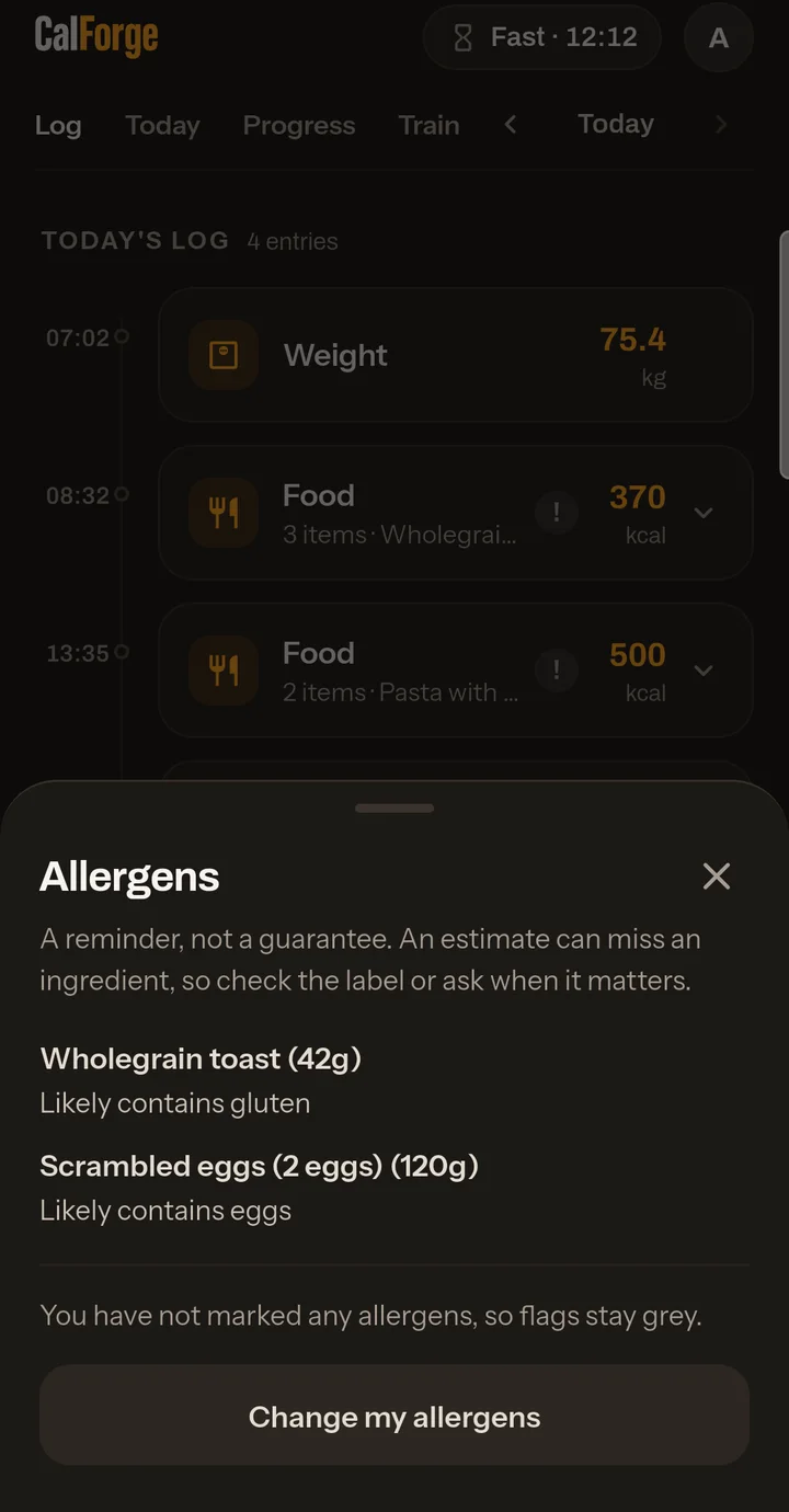 Allergen sheet listing items that likely contain gluten and eggs
