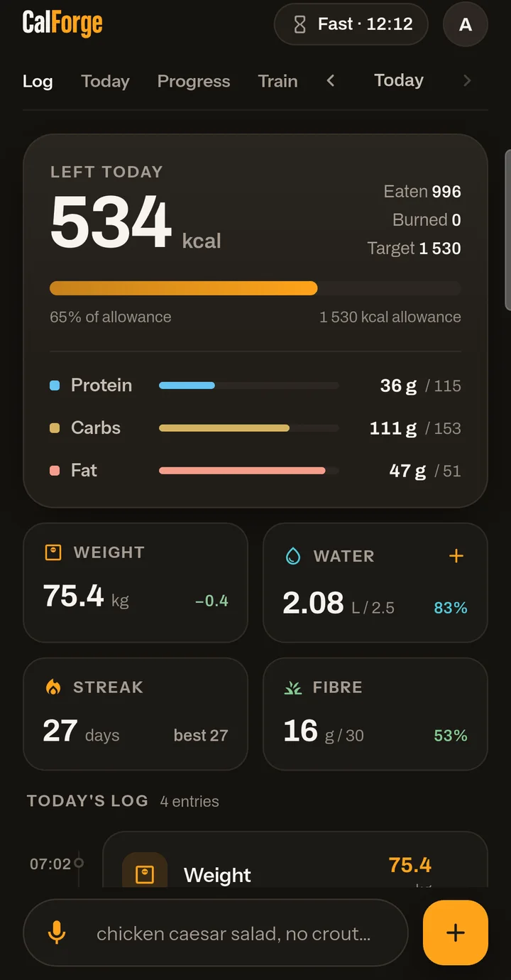 Log screen with calories left, macros, weight, water, streak and fibre