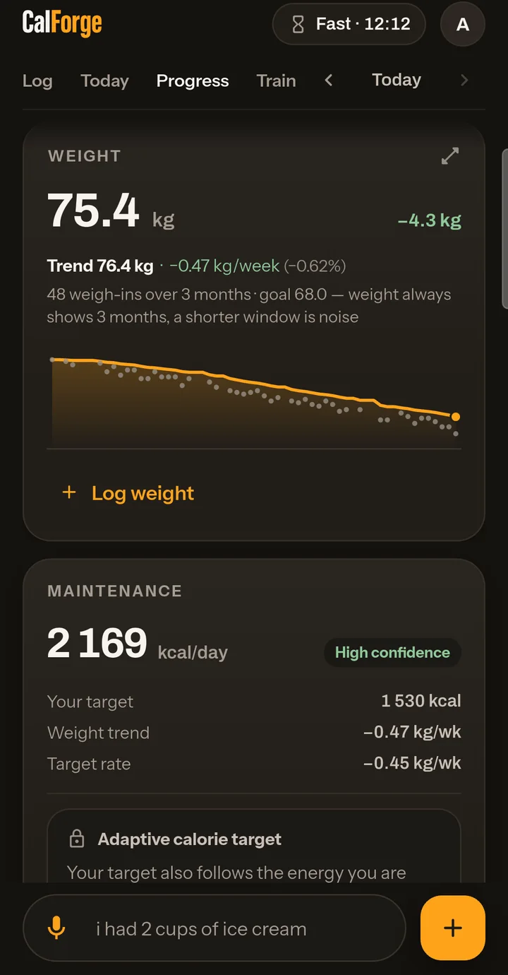 Progress screen with a smoothed weight trend and a maintenance estimate