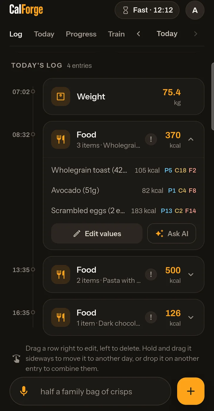 Today's log with a meal broken into items, each with its own calories and allergen codes