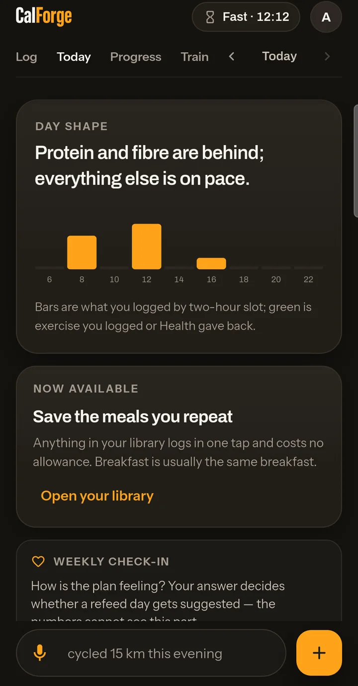 Today screen summarising the day's eating pattern and a weekly check-in